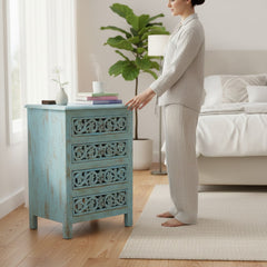 Mango Wood Hand-Carved Four Drawer Chest Table For Living Room Storage