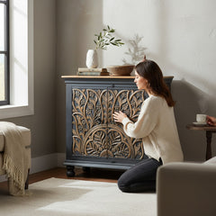 Mango Wood Lotus Sideboard Cabinet In Black Finish