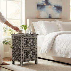 Mango Wood Bone Inlay Bedside Table For Living Room Decor