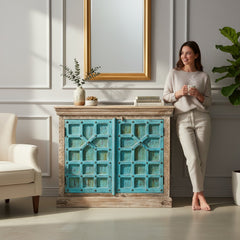 Mango Wood Craved Ethnic Blue Sideboard