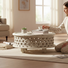 Boho Carved Low-Height Coffee Table – Elegant Centerpiece for Modern Living Rooms