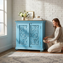 Mango Wood Blue Boho Cabinet For Storage Solution