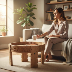Mango Wood Hand-Carved Indian Chakki Coffee Table