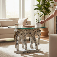 Mango Wood Indian Animal Coffee Table With Distress White Finish