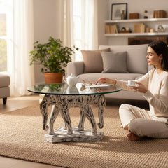 Mango Wood Indian Animal Coffee Table With Distress White Finish