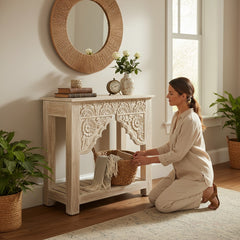 Hand-Carved Boho White Console Table – Elegant Accent Table for Living Room & Entryway Decor