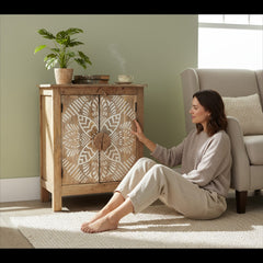 Hand-Painted Mango Wood Bedside Cabinet For Bedroom Storage