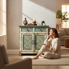 Mango Wood Ethnic Mandala Painted Console Cabinet For Storage Solution