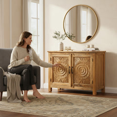 Mango Wood Natural Polish Sideboard Cabinet With Floral Carving