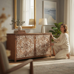 Mango Wood Distress White Mandala Sideboard For Storage