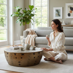 Handcrafted Mango Wood Coffee Table with Brass Inlay - Boho Decor