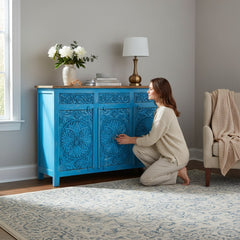 Mango Wood Indian Blue Sideboard With Mandala Carving