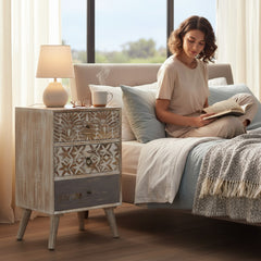 Wooden Carved 3-Drawer Storage Chest Table, Indian Ethic Solid Wood Bedside Table,