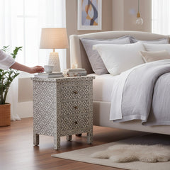 Bone Inlay 3 Drawer Bedside Table For Living Room Storage