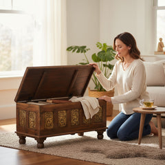 Mango Wood Blanket Storage Chest With Buddha Detailing