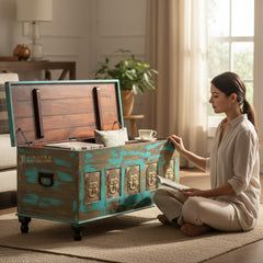 Distress Blue Trunk Box, Indian Accent Trunk Coffee Table, Handcrafted Blanket Storage Trunk Box,