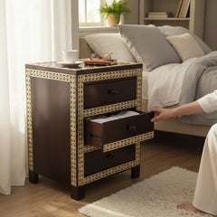 Mango Wood 3 Drawer Bedside Table With Brass Detailing