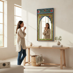 Hand-Painted Arch Mirror – Vibrant Floral Wooden Wall Mirror for Elegant Home Decor