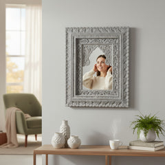 Wooden Indian Carved Mirror Frame (Grey Distress)