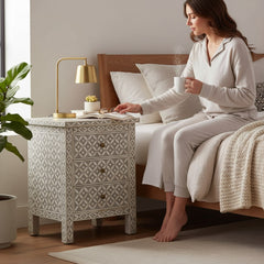 Bone Inlay 3 Drawer Bedside Table For Living Room Storage