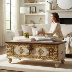 Mango Wood Blanket Storage Chest With Brass Detailing