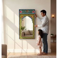 Hand-Painted Arch Mirror – Vibrant Floral Wooden Wall Mirror for Elegant Home Decor