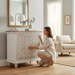 Mango Wood Carved Indian Cabinet With One Storage Shelf