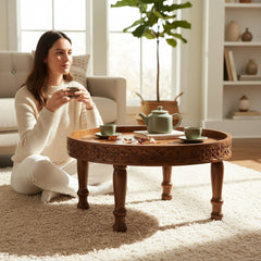 Mango Wood Hand-Carved Chakki Coffee Table For Living Room
