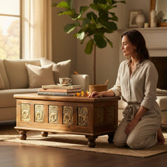 Mango Wood Blanket Storage Chest With Buddha Detailing
