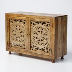 Mango Wood Crafted Console Cabinet with Floral Carving, Solid Wood Sideboard Buffet Cabinet