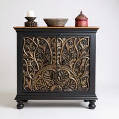 Mango Wood Lotus Sideboard Cabinet In Black Finish