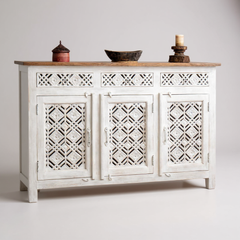 Indian Hand Carved White Sideboard For Storage