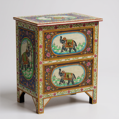 Indian Boho Painted Mango Wood Two Drawer Bedside Table, Living Room Decor Ethnic Art Bedside Table