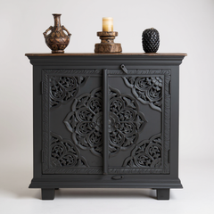 Mango Wood Charcoal Finish Lotus Cabinet For Storage