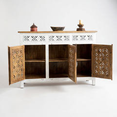 Indian Hand Carved White Sideboard For Storage