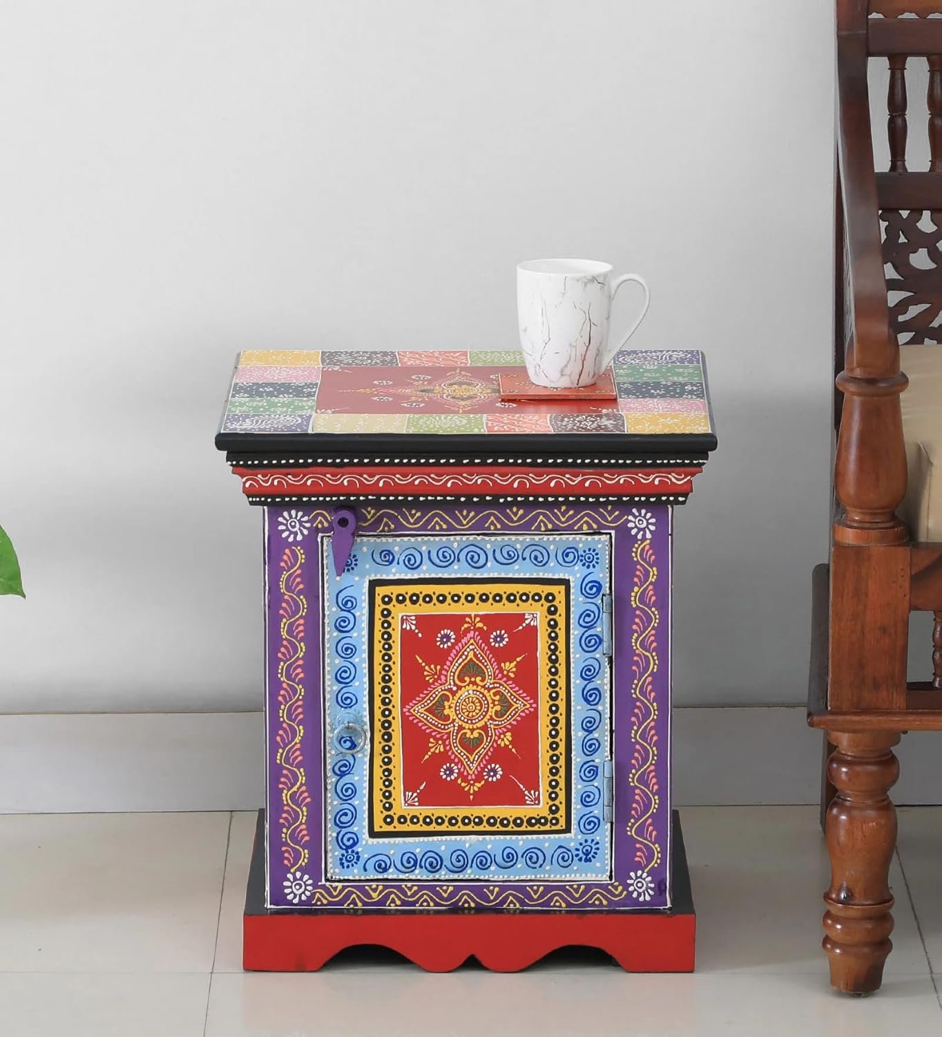 71qIUelF7uL._SL1500 Modern Handpainted Bedside Table with Mango Wood Side Table with Drawer Storage - Image 1