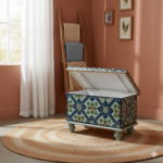 Mango Wood Painted Blanket Storage Chest In Indian Boho Painting - Image 6