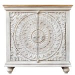 Hand Carved Mango Wood Carved 2 Doors Cabinet With Natural Top - Image 4