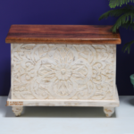 Wooden Floral Carved Storage Trunk Chest, Solid Wood Crafted White Finish Centerpiece Trunk Coffee Table, - Image 4
