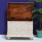 Wooden Floral Carved Storage Trunk Chest, Solid Wood Crafted White Finish Centerpiece Trunk Coffee Table, - Image 2
