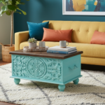 Mango Wood Hand-Carved Blanket Chest With Mint Finish - Image 2