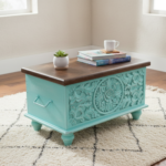 Mango Wood Hand-Carved Blanket Chest With Mint Finish