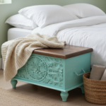 Mango Wood Hand-Carved Blanket Chest With Mint Finish - Image 4