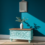 Mango Wood Hand-Carved Blanket Chest With Mint Finish - Image 3