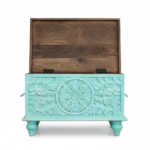Mango Wood Hand-Carved Blanket Chest With Mint Finish - Image 9