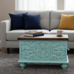 Mango Wood Hand-Carved Blanket Chest With Aqua Blue Finish
