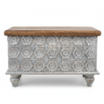 Mango Wood Distress Grey Blanket Chest With Floral Carving - Image 5