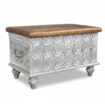 Mango Wood Distress Grey Blanket Chest With Floral Carving - Image 7