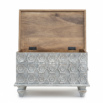 Mango Wood Distress Grey Blanket Chest With Floral Carving - Image 6