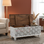 Mango Wood Hand-Carved Blanket Chest With White Finish - Image 4
